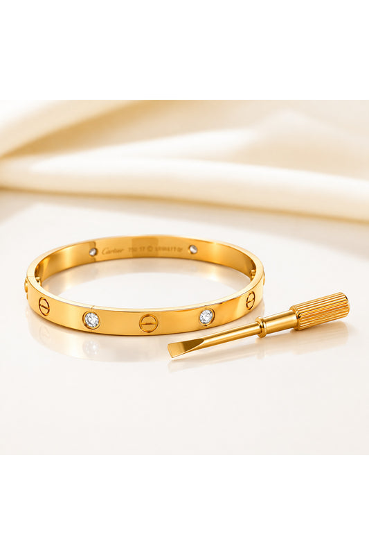 Brățară Damă din Oțel Inoxidabil Placată Auriu, Model Lover, 17 cm, Zirconii Premium, Închidere cu Șurub, Șurubelniță Inclusă
